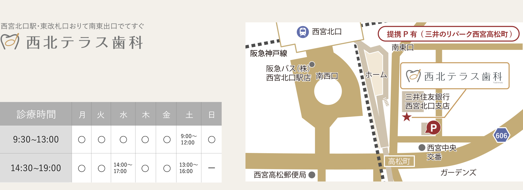 西宮北口・東改札口おりて南東出口でてすぐ「西北テラス歯科」